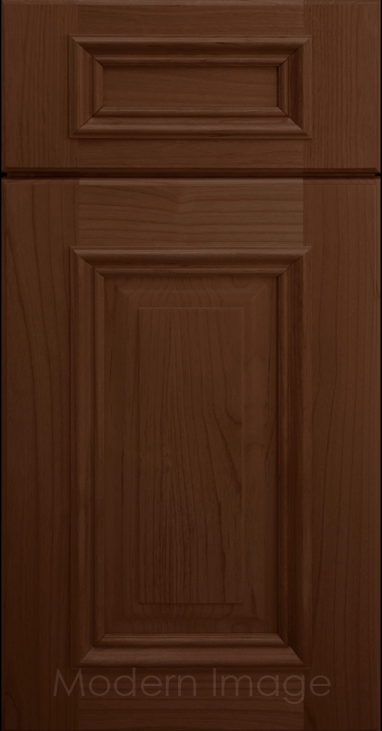 Pecan stained Hamilton cabinet door with a double raised panel and mitered elevated molding.